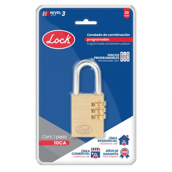 CANDADO DE COMBINACIÓN PROGRAMABLE PARA MALETA, LATÓN, 20 MM LOCK 10CA