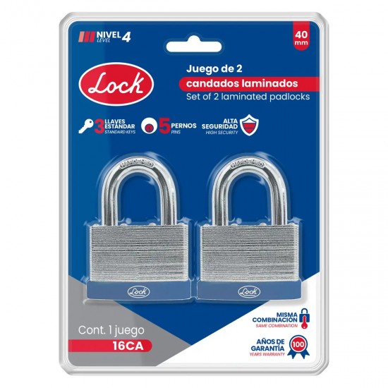 JUEGO DE CANDADOS LAMINADOS 40 MM, LLAVE ESTÁNDAR, 2 PIEZAS LOCK 16CA