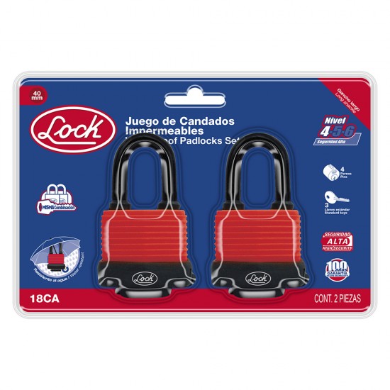 JUEGO DE CANDADOS IMPERMEABLES LARGOS 40 MM, LLAVE ESTÁNDAR, 2 PIEZAS LOCK 18CA