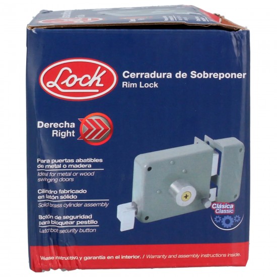 CERRADURA SOBREPONER CLÁSICA FUNCIÓN DERECHA, LLAVE TETRA, EN CAJA LOCK 20CS