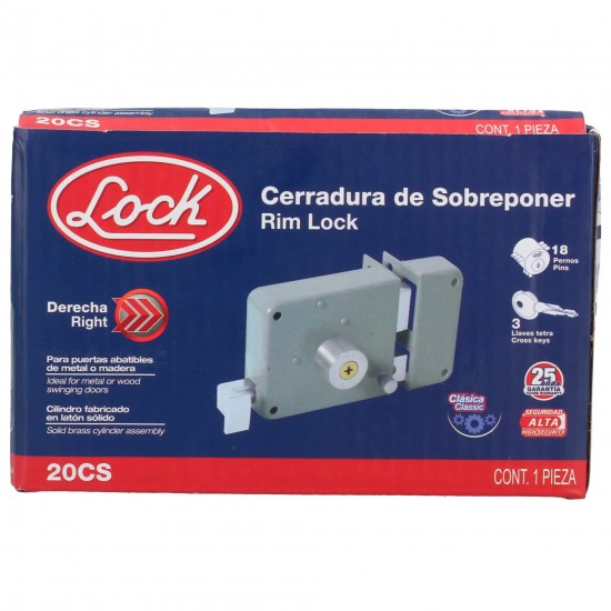 CERRADURA SOBREPONER CLÁSICA FUNCIÓN DERECHA, LLAVE TETRA, EN CAJA LOCK 20CS