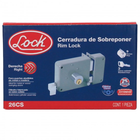 CERRADURA SOBREPONER CLÁSICA FUNCIÓN DERECHA, LLAVE ESTÁNDAR, EN CAJA LOCK 26CS