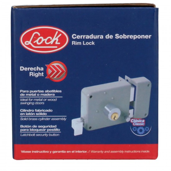 CERRADURA SOBREPONER CLÁSICA FUNCIÓN DERECHA, LLAVE ESTÁNDAR, EN CAJA LOCK 26CS