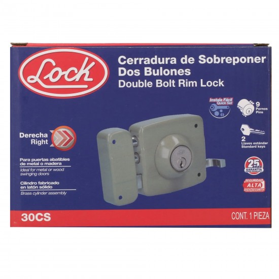 CERRADURA DE SOBREPONER FUNCIÓN INSTALA FÁCIL, DERECHA, 2 BULONES, LLAVE ESTÁNDAR, EN CAJA LOCK 30CS