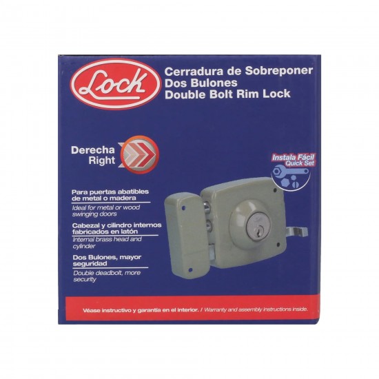 CERRADURA DE SOBREPONER FUNCIÓN INSTALA FÁCIL, DERECHA, 2 BULONES, LLAVE ESTÁNDAR, EN CAJA LOCK 30CS