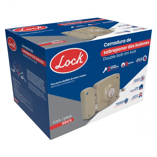 CERRADURA DE SOBREPONER FUNCIÓN INSTALA FÁCIL, DERECHA, 2 BULONES, LLAVE ESTÁNDAR, EN CAJA LOCK 30CS