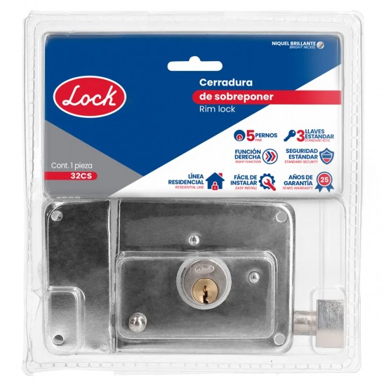 CERRADURA DE SOBREPONER FUNCIÓN INSTALA FÁCIL, DERECHA, LLAVE ESTÁNDAR, BLÍSTER LOCK 32CS