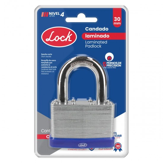 CANDADO LAMINADO CORTO 65 MM, LLAVE ESTÁNDAR LOCK C23S65