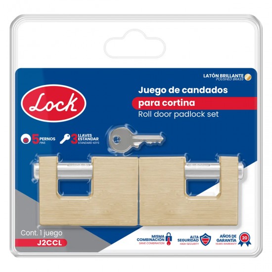 JUEGO DE CANDADOS PARA CORTINA 80 MM, LATÓN BRILLANTE, LLAVE ESTÁNDAR, 2 PIEZAS LOCK J2CCL