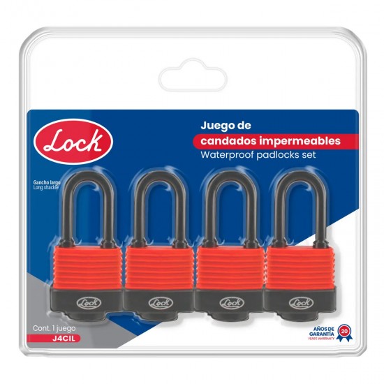 JUEGO DE CANDADOS IMPERMEABLES LARGOS 40 MM, LLAVE ESTÁNDAR, 4 PIEZAS LOCK J4CIL