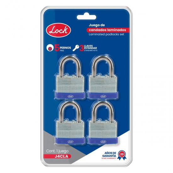 JUEGO DE CANDADOS LAMINADOS 40 MM, LLAVE ESTÁNDAR, 4 PIEZAS LOCK J4CLA