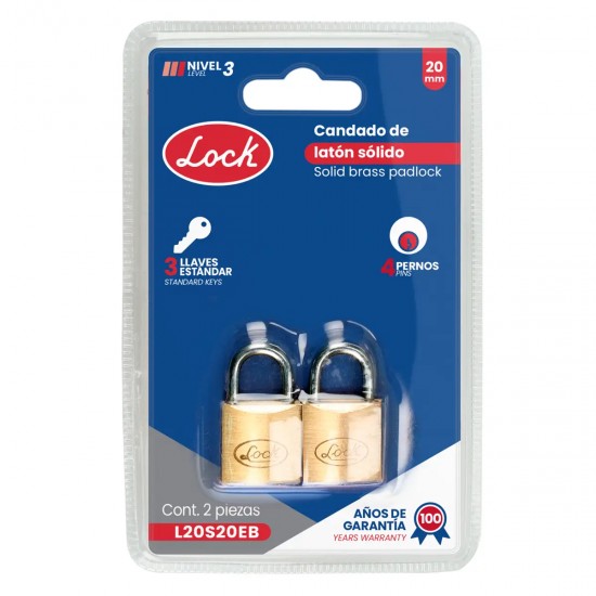 JUEGO DE CANDADOS DE LATÓN CORTOS 20 MM, LLAVE ESTÁNDAR, 2 PIEZAS LOCK L20S20EB