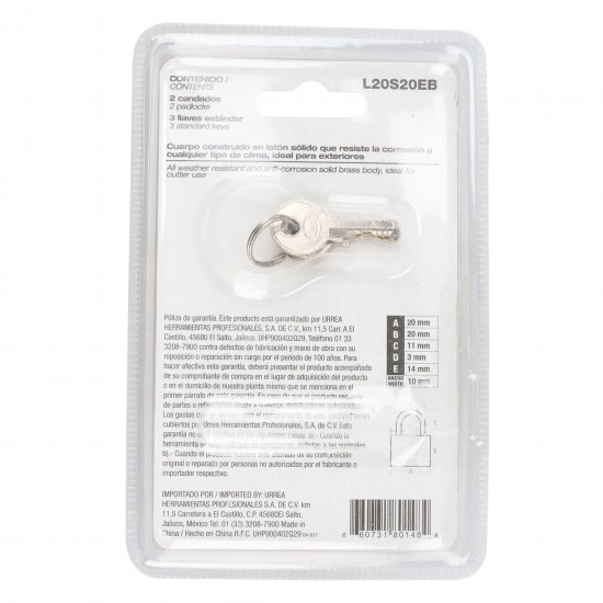 JUEGO DE CANDADOS DE LATÓN CORTOS 20 MM, LLAVE ESTÁNDAR, 2 PIEZAS LOCK L20S20EB