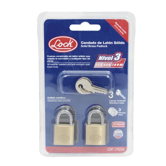 JUEGO DE CANDADOS DE LATÓN CORTOS 25 MM, LLAVE ESTÁNDAR, 2 PIEZAS LOCK L20S25EB