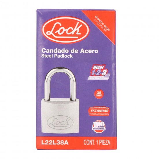CANDADO DE ACERO LARGO 38 MM, LLAVE ESTÁNDAR, EN CAJA LOCK L22L38A