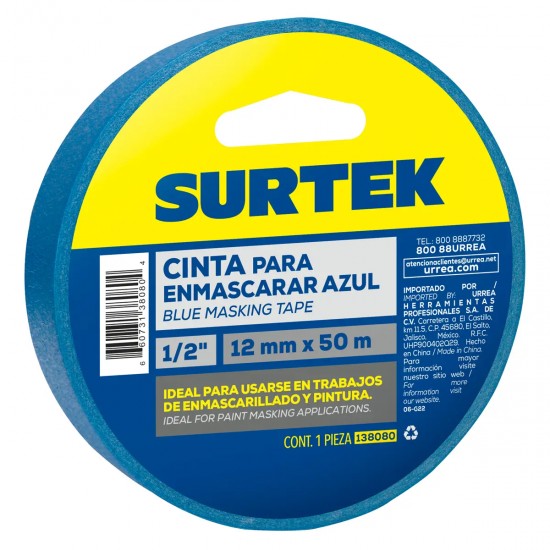 CINTA MASKING TAPE AZUL PARA ENMASCARAR 1/2" X 50 M SURTEK 138080