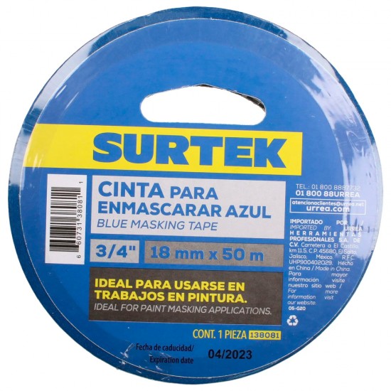 CINTA MASKING TAPE AZUL PARA ENMASCARAR 3/4" X 50 M SURTEK 1380801