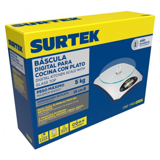 BÁSCULA DIGITAL PARA COCINA CON PLATO 5 KG SURTEK BADCP