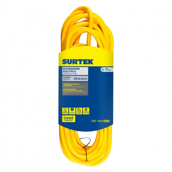 EXTENSIÓN ELÉCTRICA USO EXTRA RUDO ATERRIZADA COLOR AMARILLO, 10 M SURTEK EEX10