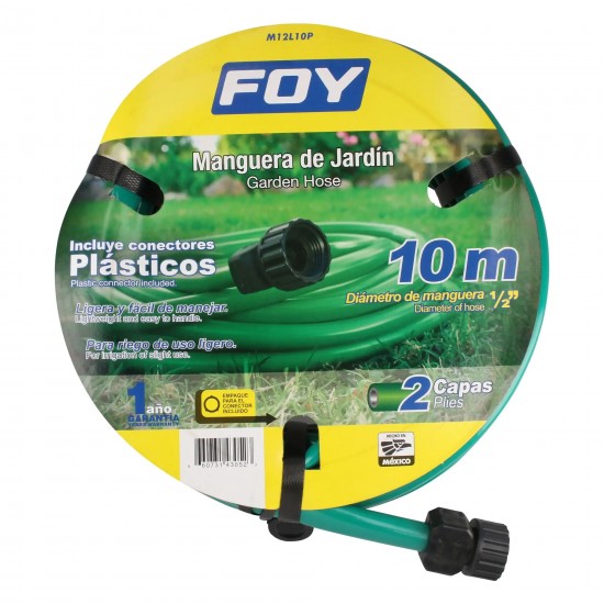 MANGUERA PARA JARDÍN LISA CON CONECTOR PLÁSTICO 1/2", 10 M FOY M12L10P